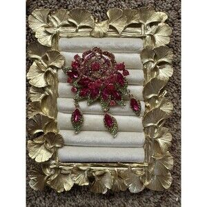 Floral Pink Glass Flower Brooch Pin Gold Metal Marquise Round Stones